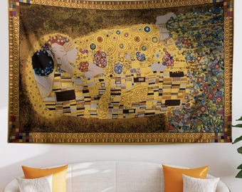 Gustav Klimt Wall Tapestry - The Kiss Love Art Decor, Masterpiece Fabric Wall Hanging, Romantic Valentines Day Gift