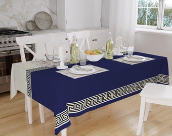 Navy Blue White Greek Key Geometric Lines Pattern Tablecloth, Modern Dining Accent Cover, Rectangle tablecloth, Housewarming gift