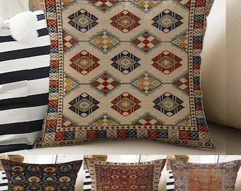 Turkish Kilim Pillow Covers - Vintage Rug Design Cushion Case, Retro Print Throw Pillow Accent for Boho Home Decor