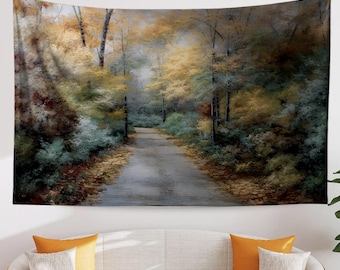 Watercolor Forest Tapestry Wall Hanging, Woodland Path Tree Art, Cozy Fall Living Room Decor, Seasonal Nature Wall Accent