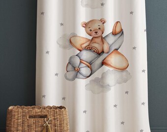 Bear Pilot Plane Clouds Star Baby Nursery Curtains , Custom Baby Room Drapes & Gift Pillow Covers, Cute Bedroom Window Treatment Decor
