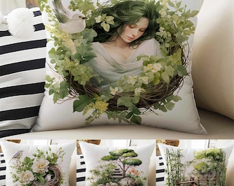 Pillow Cases Nature Green Botanic Printed Both Sides, Cozy Cottagecore Floral Accent Cushion Cover, Housewarming Gift