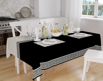Black White Greek Key Geometric Lines Pattern Tablecloth, Modern Dining Accent Cover, Rectangle tablecloth, Housewarming gift