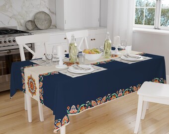 Navy Blue Ethnic Authentic Retro Ottoman Turkish Floral Figures Border Cream Background Pattern Tablecloth, Modern Dining Accent Table Cover