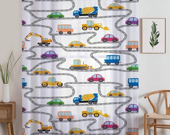 Construction Equipment Sheer Curtain for Kids Room, Lightweight Road Car Nursery Net Voile, Kids Room Window Drapes, Machine Washable