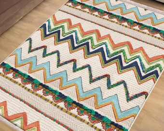 Southwest Colorful Area Rug|Ethnic Print Turkish Rug|Vintage Carpet|Washable Living Room Rug|Ottoman Court Carpet|Traditional Decor
