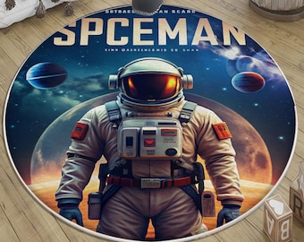 Astronaut Kids Room Rug Round Space Man Nursery Decor with Pillow Case Gift for Baby & Toddler Room