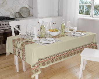 Ethnic Authentic Retro Ottoman Turkish Kilim Tradional Figures Border Cream Background Pattern Tablecloth, Modern Dining Accent Table Cover