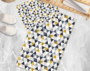 Geometric Bathroom Rug Non Slip Quick Dry Bath Mat, Yellow Gray Navy Blue Triangles, Soft Washable Toilet Mat Modern Decor