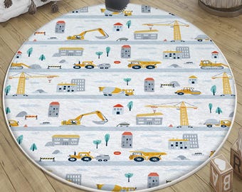 Round Road Construction Vehicles Kids Rug with Crane Bulldozer Excavator Playmat Nursery Carpet & Pillowcase Gift