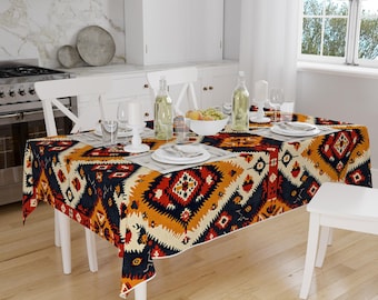 Ethnic Authentic Retro Ottoman Turkish Kilim Aztec Figures Border White Background Pattern Tablecloth, Modern Dining Accent Table Cover