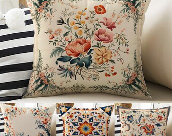Vintage Retro Roses Both Side Printed Pillow Cases, Cozy Cottagecore Accent Pillow, Turkish Floral Spun Pillow Cushion, Housewarming Gift
