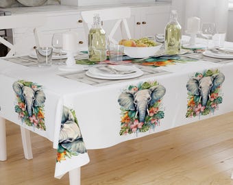 Elephant Tablecloth with Colorful Floral Bohemian Pattern - Modern Dining Accent Cover, Rustic Home Decor