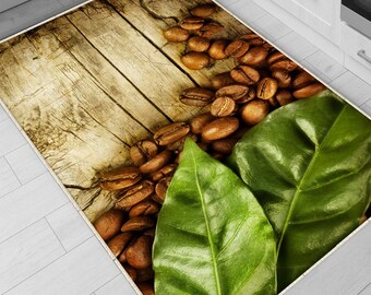 Kitchen Runner Rug Coffee Beans Green Leaves, Non-Slip Washable Floor Mat, Modern Kitchen Décor, Coffee Lover Gift Idea
