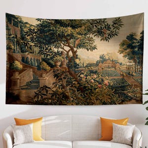 French Medieval Tapestry Verdure with Château Garden, Dark Floral Tapestry Wall Hanging, Large Victorian Tapestry Wall Art, Wall tapestries