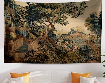 Vintage French Tapestry Verdure with Château & Garden, Dark Floral Wall Hanging, Moody Bedroom Decor, Rustic Wall Art, Home Decoration