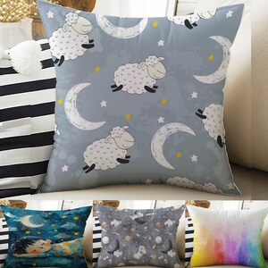 Decoración para habitación infantil: adorables fundas de almohada con diseño de cordero, oveja, luna y estrella, cojines llamativos para guardería y fundas decorativas para sala de juegos.