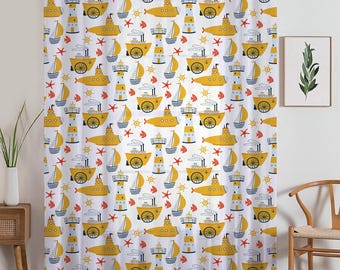 Yellow Marine Vehicles Sheer Curtain for Kids Room, Lightweight Submarine Sailing Ship Nursery Net Voile, Baby Room Window Drapes,
