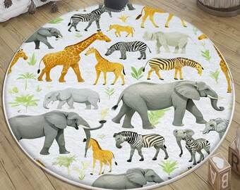 Round Safari Animal Nursery Rug with Giraffe, Zebra & Elephant | Baby Shower Gift - Baby Room Decor with Pillowcase
