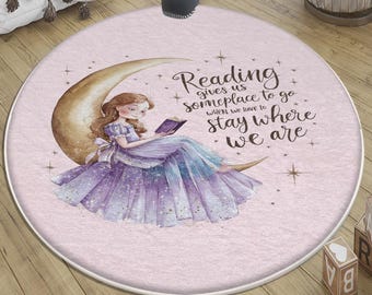 Kids Room Rug Round Girl on Moon Reading Book Pink Nursery Decor with Pillowcase Gift for Kids Room