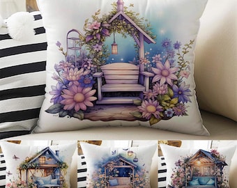 Purple Flowers Farmhouse Pillow Cases, Cozy Cottagecore Floral Accent Cushion Covers, Both Sides Printed, Housewarming Gift