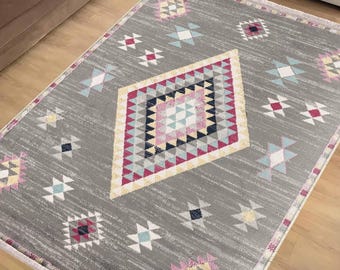 Gray Pink Aztec Southwest Rug Runner, Modern Geometric Area Carpet, Turkish Anti-Slip Accent Mat, Chenille Washable Rug, Housewarming Gift