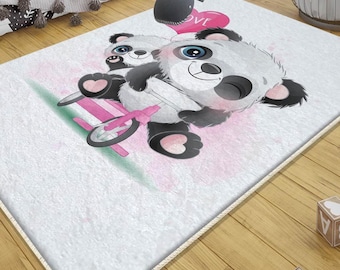Panda Pink Bicycle Kids Nursery Rug with Pillow Case – Cute Animal Room Decor & Gift for Girls, Kids Room Accessories