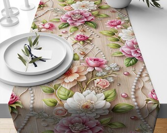 Table Runner Pink White Roses Pearl Floral Accent Modern Botanical Dining Room Decor