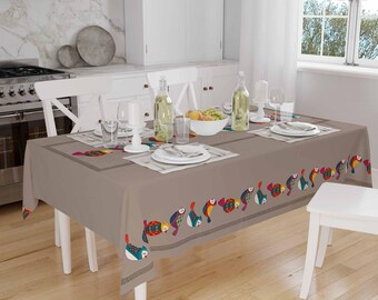 Colorful Birds Border Brown Background Animal Pattern Tablecloth, Modern Dining Accent Table Cover, Rectangle tablecloth, Housewarming gift