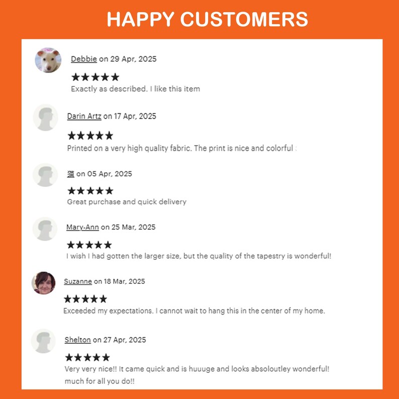 May include: Image with the text "HAPPY CUSTOMERS" at the top. Customer reviews are displayed below, including star ratings and comments like "Exactly as described. I like this item" and "Great purchase and quick delivery."