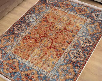 Orange Brown Chenille Kilim Area Rug|Ethnic Print Turkish Rug|Vintage Carpet|Washable Living Room Rug|Ottoman Court Carpet|Traditional Decor