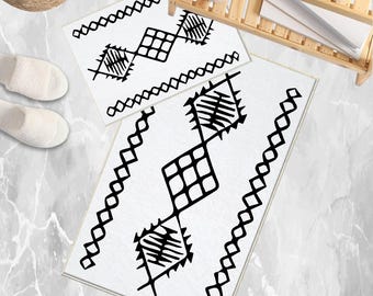 Black White Aztec Tribal Boho Geometric Bathroom Rug, Non Slip Quick Dry Bath Mat, Washable Soft Modern Toilet Mat