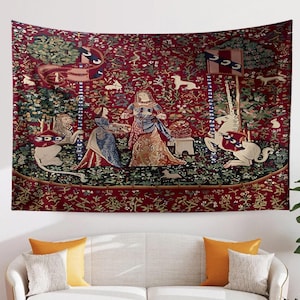 Lady and the Unicorn Smell Belgian Wall Tapestry, Medieval Art Decor, Vintage Fairy Tale Home Hanging, Unique Gift for History Lovers