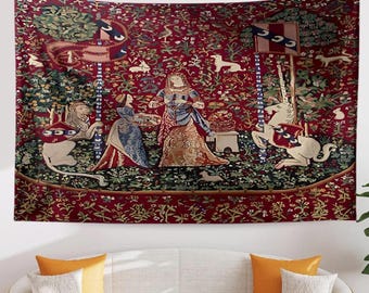 Lady and the Unicorn Smell Belgian Wall Tapestry, Medieval Art Decor, Vintage Fairy Tale Home Hanging, Unique Gift for History Lovers