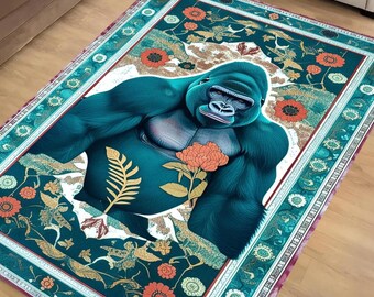 Gorilla Rug for Kids Room - Jungle Animal Decor, Washable Non-Slip Floor Mat, Tropical Green Floral Rug for Playroom & Kitchen