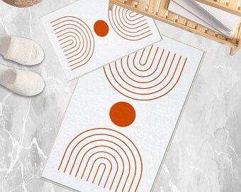 White Orange Minimal Geometric Bathroom Rug, Non Slip Quick Dry Bath Mat, Washable Soft Modern Toilet Mat
