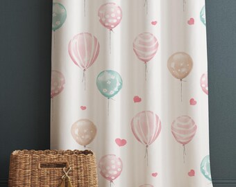 Nursery Curtains Pink Green Balloons Hearts, Custom Baby Room Drapes & Gift Pillow Covers, Cute Bedroom Window Treatment Decor