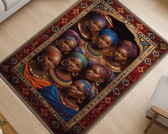 African Inspired Portrait Art - Washable Chenille Rug with Oriental Border - Cultural and Artistic Home Decor Carpet