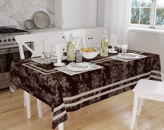 White Geometric Border Lines on Dark Brown Watercolor Background Pattern Tablecloth, Modern Dining Accent Cover