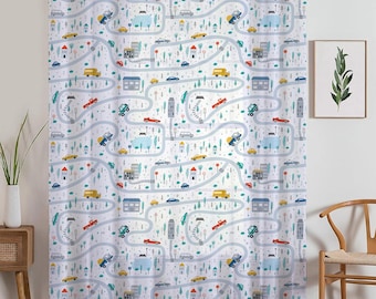Colorful Cars on Road Sheer Curtain for Kids Room, Lightweight Cute Town Road Map Nursery Net Voile, Baby Room Window Drapes,