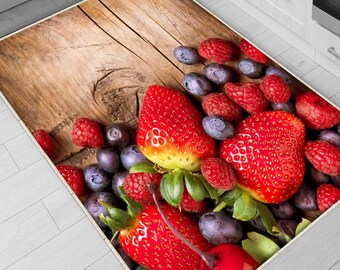 Strawberry Kitchen Rug Non-Slip Washable Floor Mat, Modern Decorative Fruit Runner for Cooking Area & Home