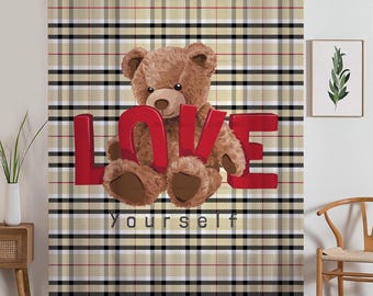 Cute Bear Sheer Curtain for Kids Room, Lightweight  Love Hearts Nursery Net Voile, Kids Room Window Drapes, Machine Washable