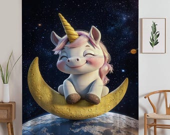 Unicorn Horse on Moon Sheer Curtain for Girls Room, Lightweight Cute Animal Nursery Net Voile, Kids Room Window Drapes, Machine Washable