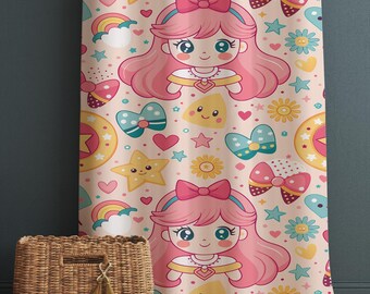 Pink Princess Nursery Curtain for Girls Room - Custom Size Anime Kids Colorful Window Drapes & Kids Room Decor