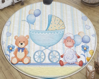 Round Blue Bear Nursery Rug with Pillow Case - Cute Kids Room Decor, Baby Shower Gift for Boys, Soft Animal Rug for Toddler Bedroom