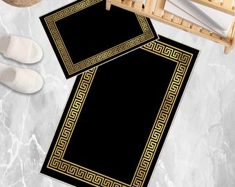 Black Gold Greek Key Bathroom Rug – Non Slip Quick Dry Washable Bath Mat, Soft Geometric Toilet Mat, Modern Bathroom Decor