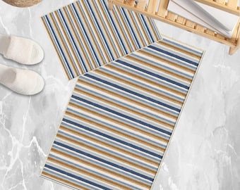 Brown Navy Blue Lines Bathroom Rug Non Slip Quick Dry Bath Mat - Geometric Toilet Mat, Soft Washable Modern Decor