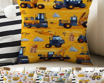 Kids Room Decor Construction Equipment Pillow Covers, Bold Nursery Cushion & Decorative Children Throw Pillowcases for Playroom