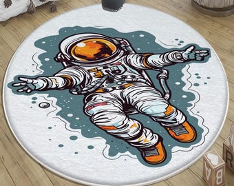 Space Themed Round Astronaut Kids Nursery Rug with Pillow Case, Cute Baby Room Decor & Gift for Children