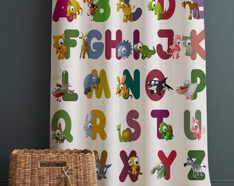 Alphabet Educational Animals Nursery Curtains – Custom Kids Room Drapes & Cute Bedroom Window Treatment Decor with Gift Pillow Covers